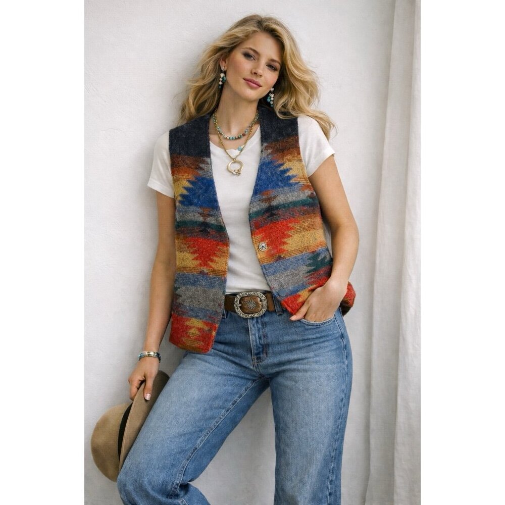 AZTEC FLANNEL VEST sleeveless v neck LARGE western southwestern unisex flannel